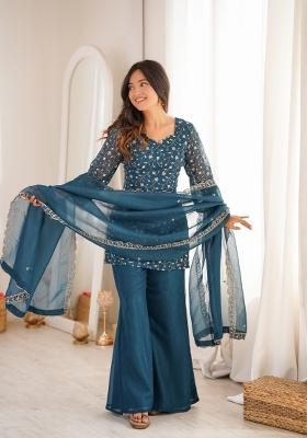 Teal Blue Sequin Work Silk Kurta Set