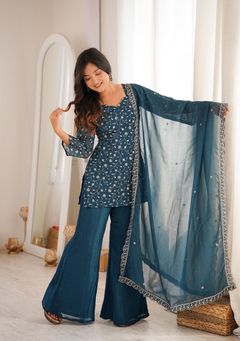 Teal Blue Sequin Work Silk Kurta Set - Indya