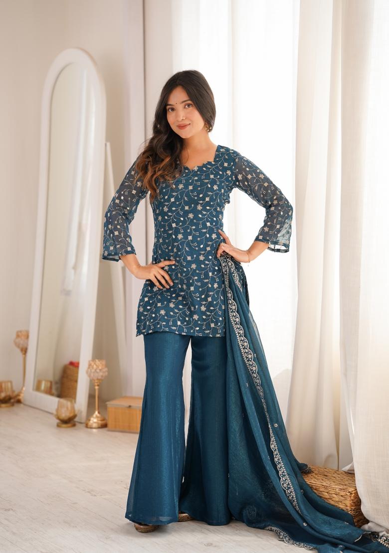 Teal Blue Sequin Work Silk Kurta Set - Indya