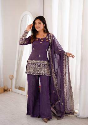 Purple Sequin Work Silk Kurta Set