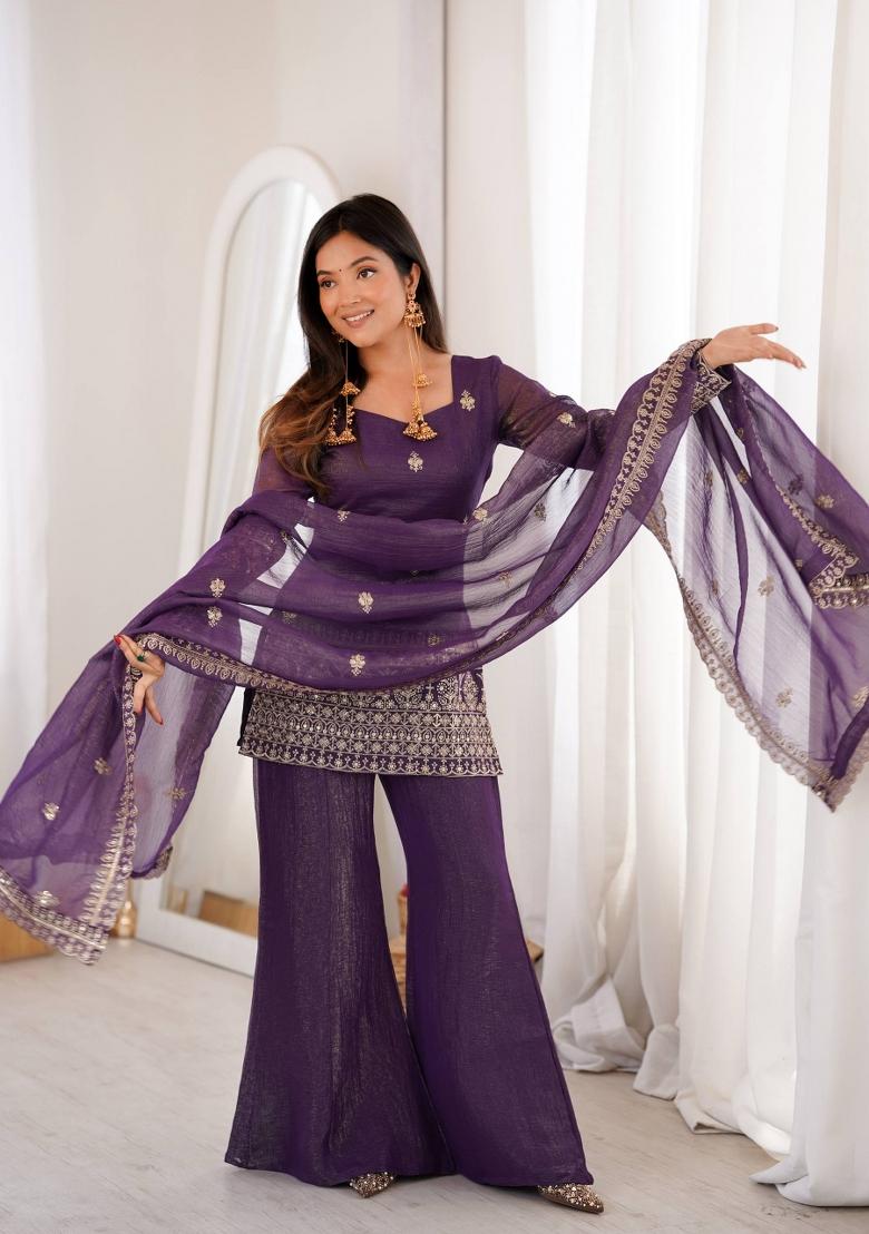 Purple Sequin Work Silk Kurta Set - Indya