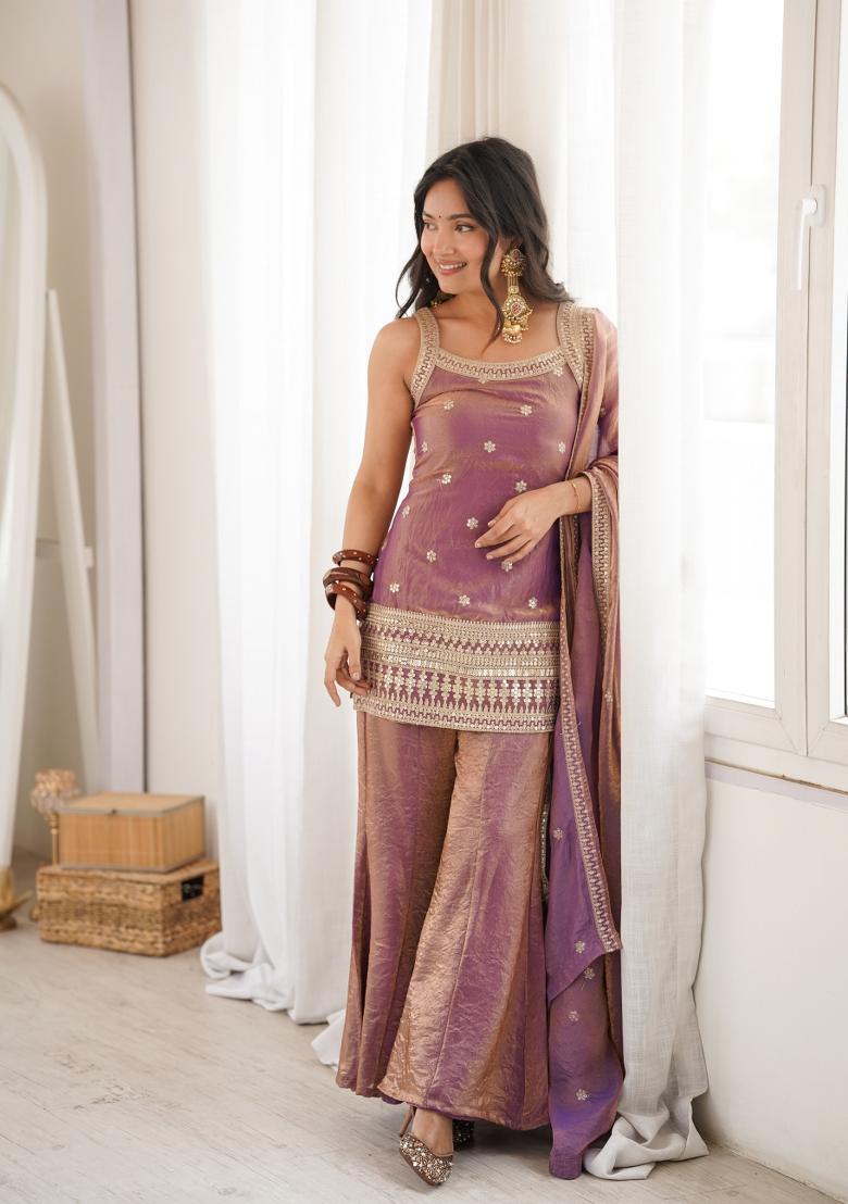Pink Sequin Work Silk Kurta Set - Indya