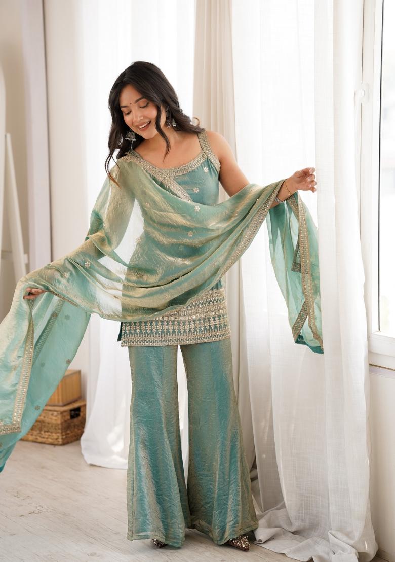 Sea Green Sequin Work Silk Kurta Set - Indya