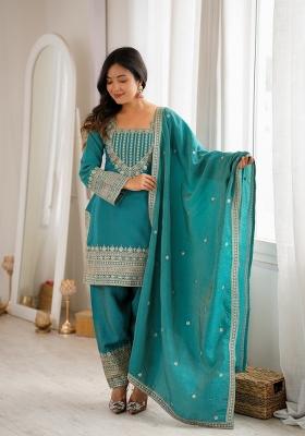 Sea Green Sequin Work Silk Kurta Set
