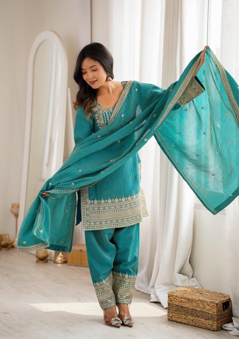Sea Green Sequin Work Silk Kurta Set - Indya