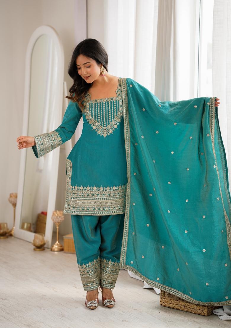 Sea Green Sequin Work Silk Kurta Set - Indya