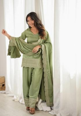 Green Sequin Work Silk Kurta Set