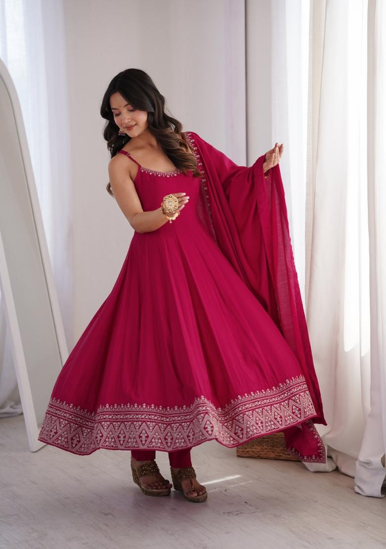 Pink Thread Work Silk Kurta Set - Indya