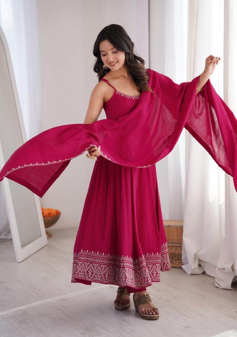 Pink Thread Work Silk Kurta Set - Indya