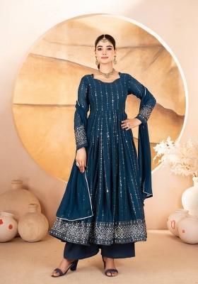 Blue Sequin Work Silk Kurta Set