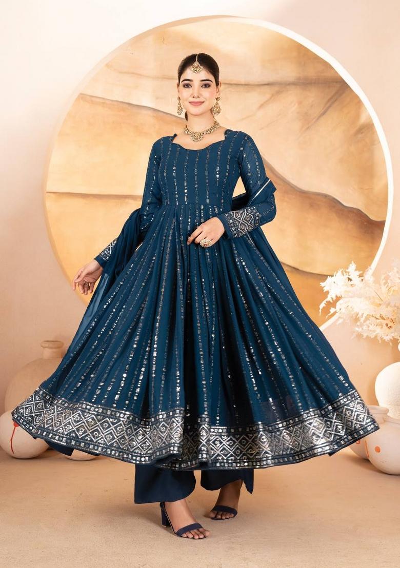 Blue Sequin Work Silk Kurta Set - Indya