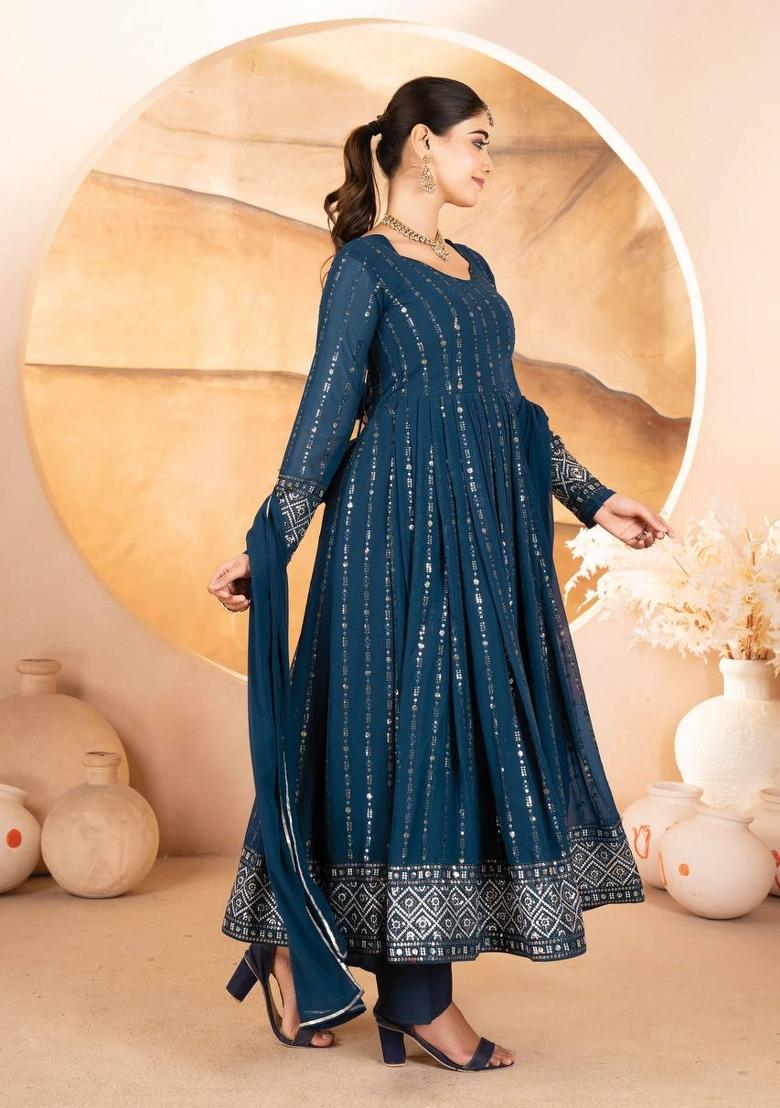 Blue Sequin Work Silk Kurta Set - Indya