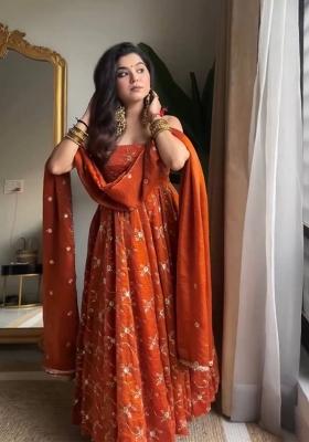 Orange Sequin Work Silk Kurta Set