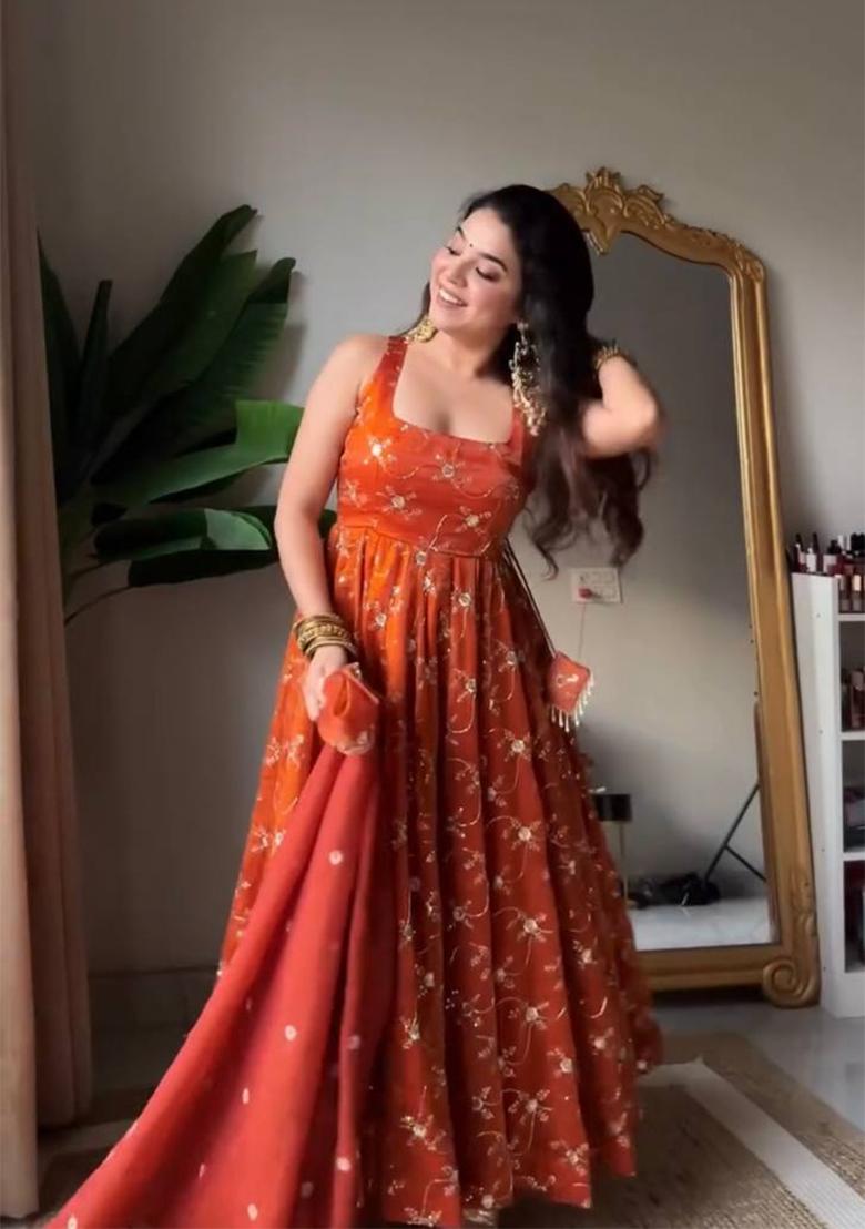 Orange Sequin Work Silk Kurta Set - Indya