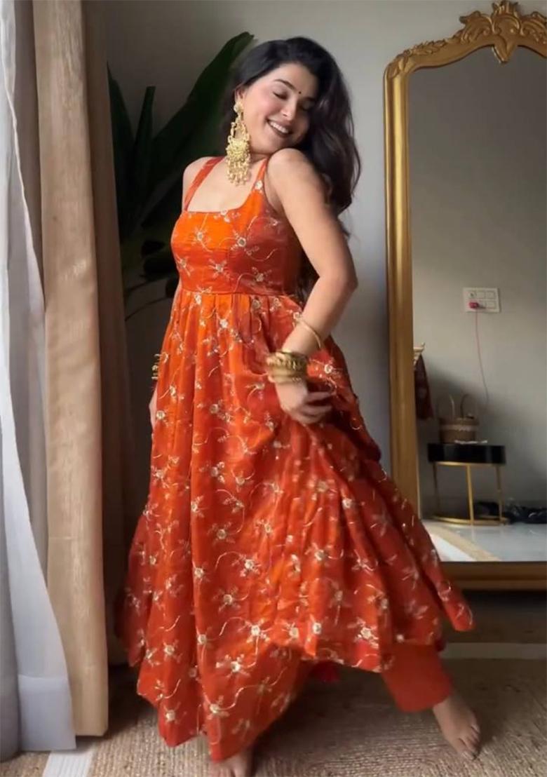 Orange Sequin Work Silk Kurta Set - Indya