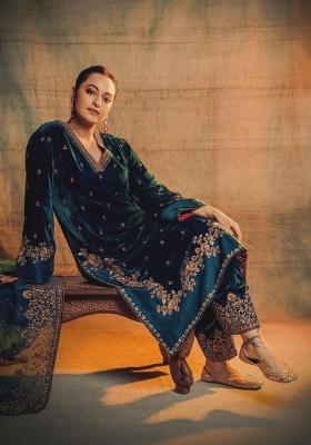 Teal Sequin Work Velvet Kurta Set