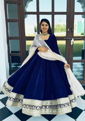 Navy Blue Sequin Work Velvet Kurta Set