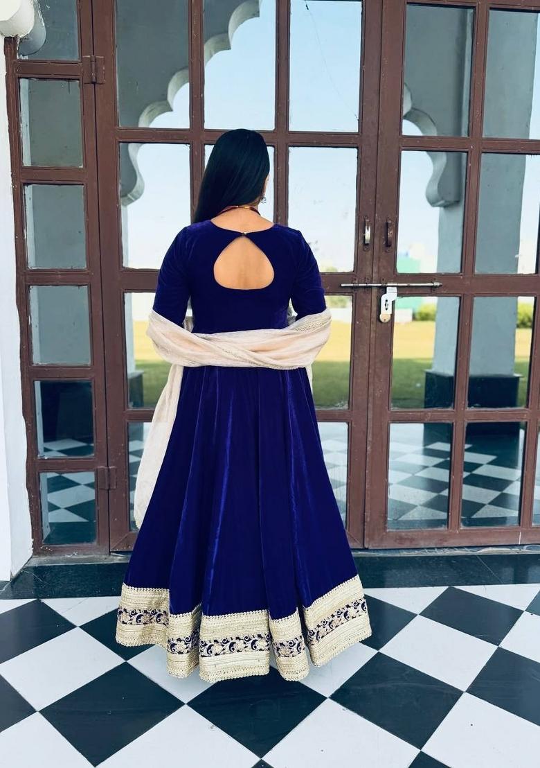 Navy Blue Sequin Work Velvet Kurta Set - Indya