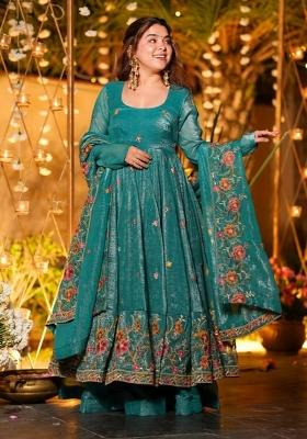 Teal Green Sequin Work Silk Kurta Set