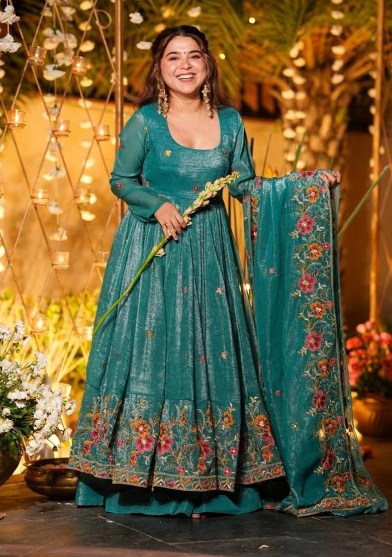 Teal Green Sequin Work Silk Kurta Set - Indya