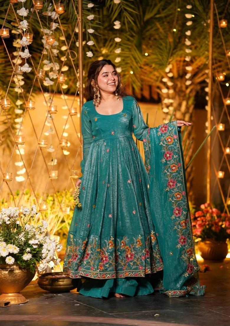 Teal Green Sequin Work Silk Kurta Set - Indya