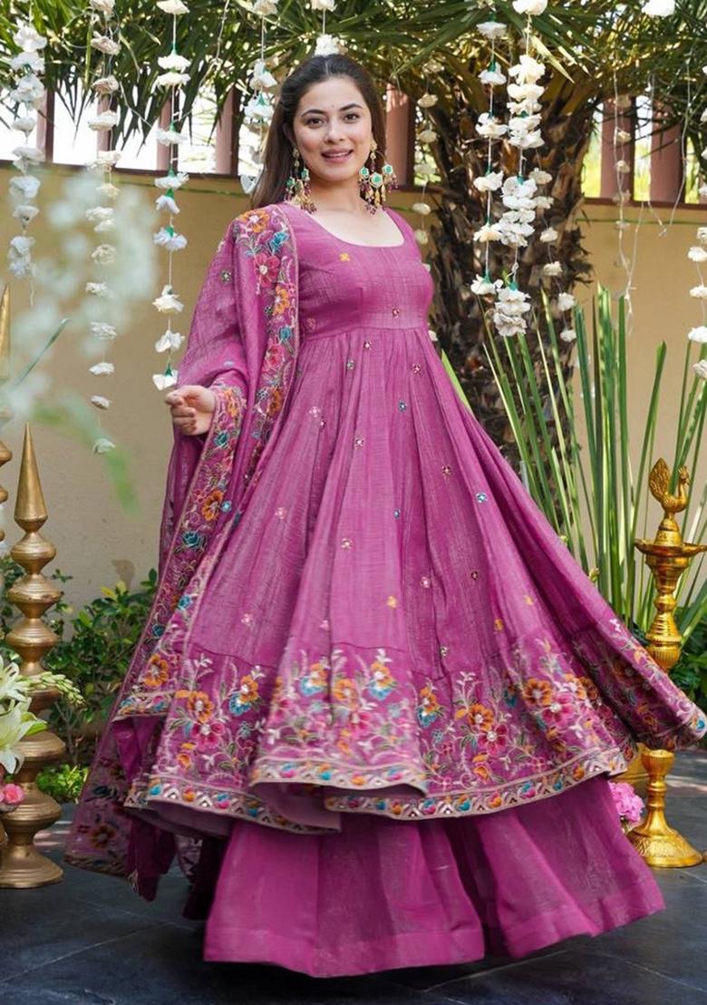Rose Sequin Work Silk Kurta Set - Indya