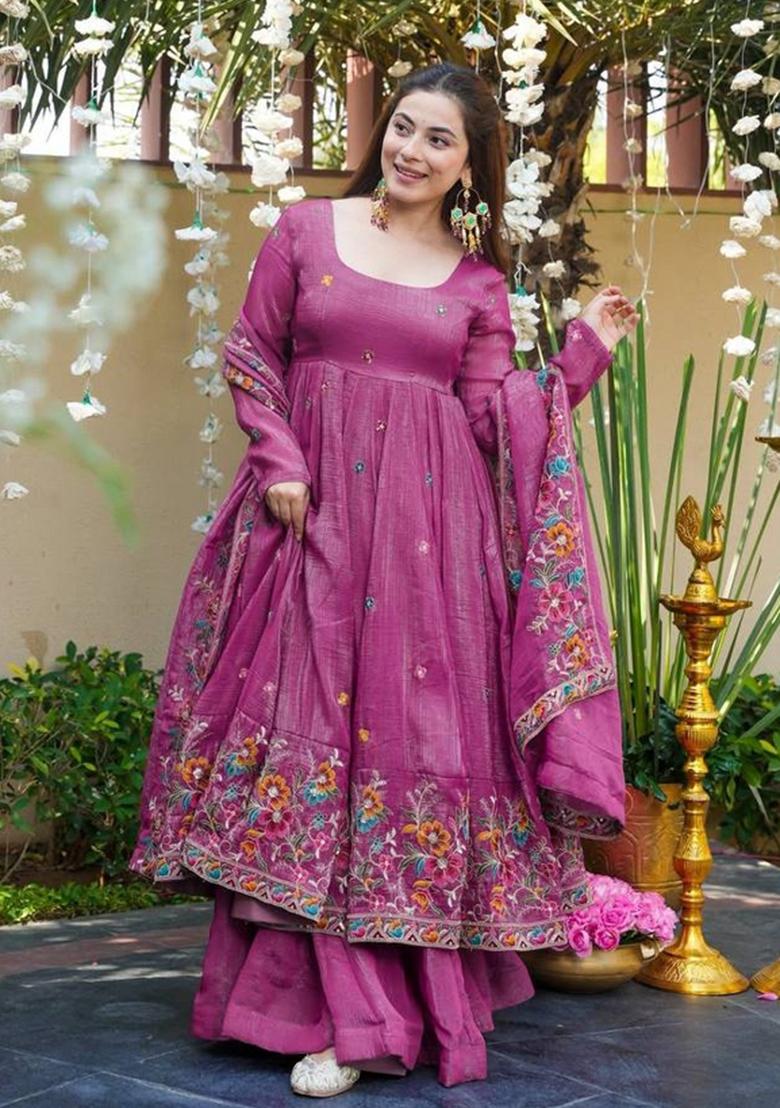 Rose Sequin Work Silk Kurta Set - Indya