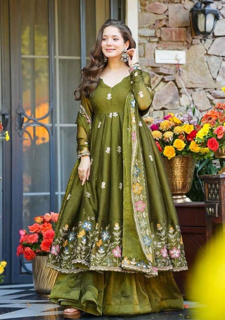 Olive Sequin Work Silk Kurta Set - Indya