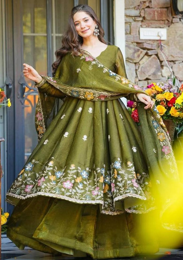 Olive Sequin Work Silk Kurta Set - Indya