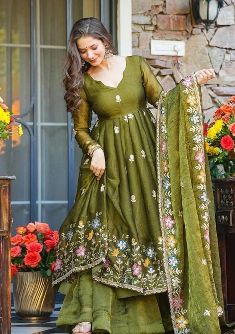 Olive Sequin Work Silk Kurta Set - Indya