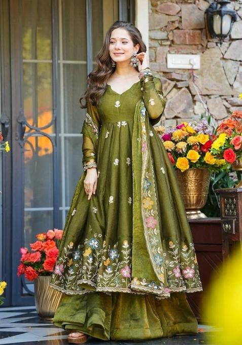 Olive Sequin Work Silk Kurta Set
