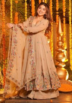 Beige Sequin Work Silk Kurta Set