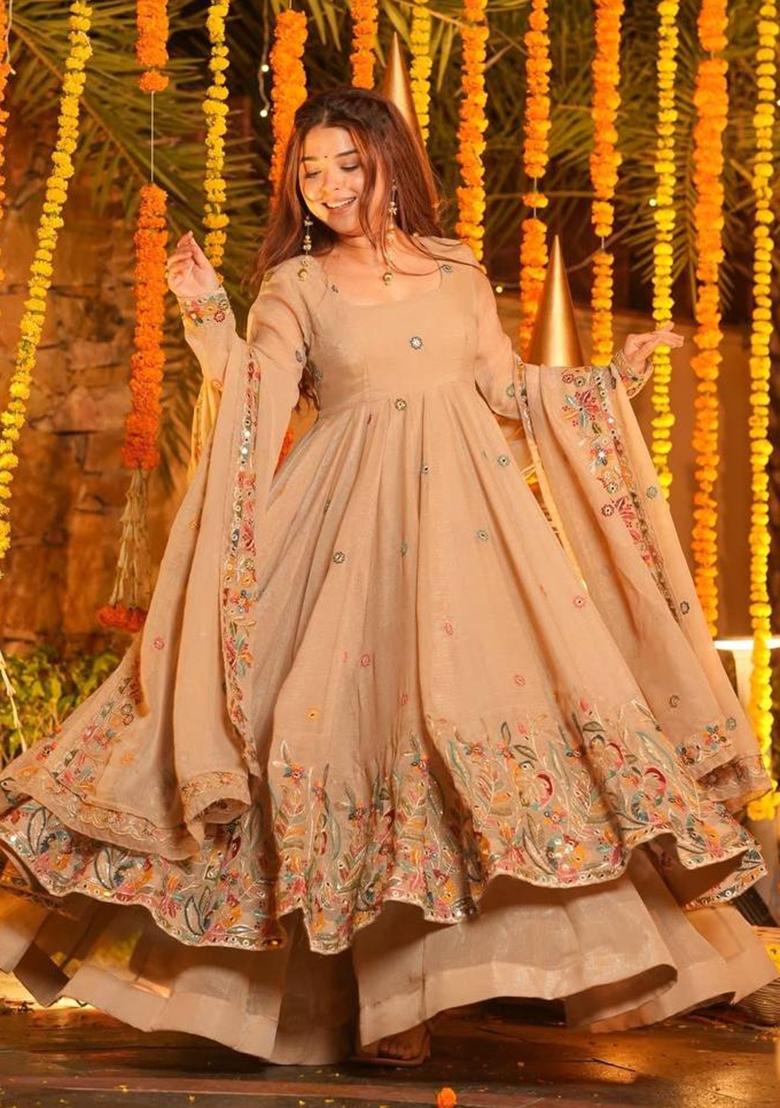 Beige Sequin Work Silk Kurta Set - Indya