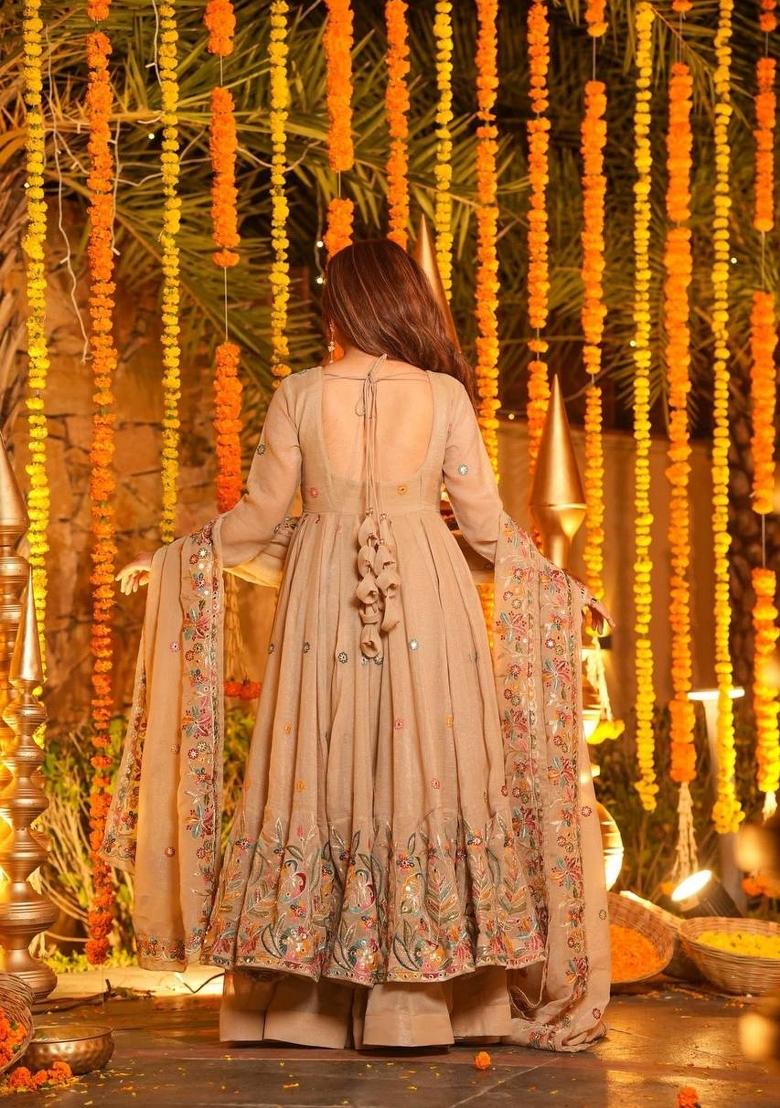 Beige Sequin Work Silk Kurta Set - Indya