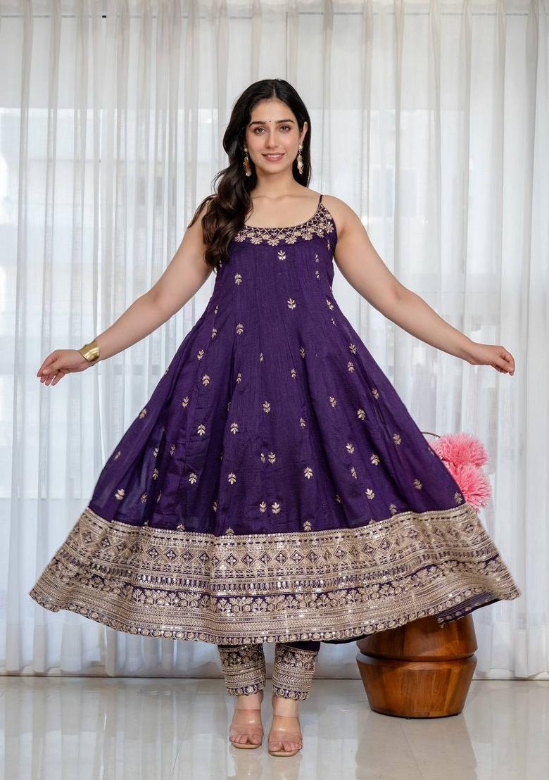Purple Sequin Work Silk Kurta Set - Indya