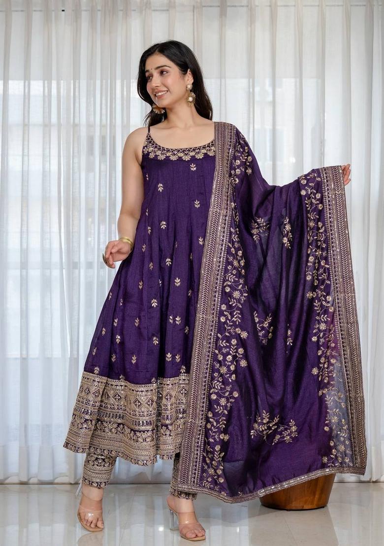 Purple Sequin Work Silk Kurta Set - Indya