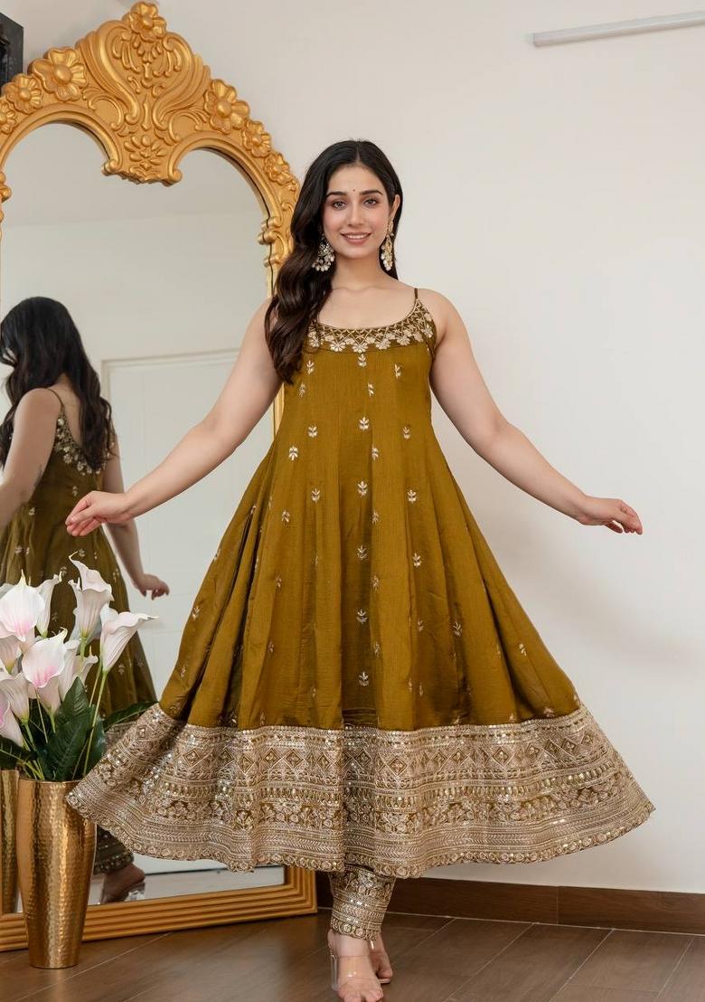 Mehendi Sequin Work Silk Kurta Set - Indya