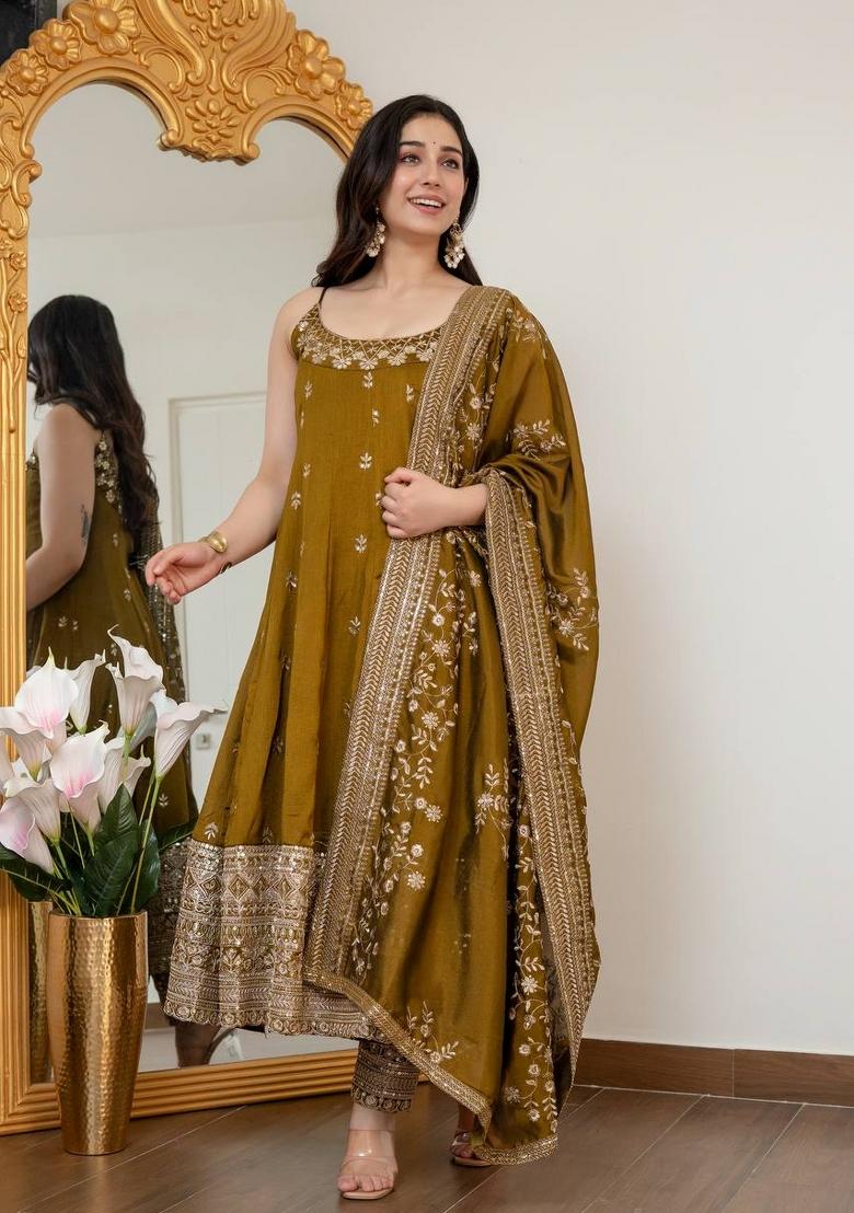 Mehendi Sequin Work Silk Kurta Set - Indya