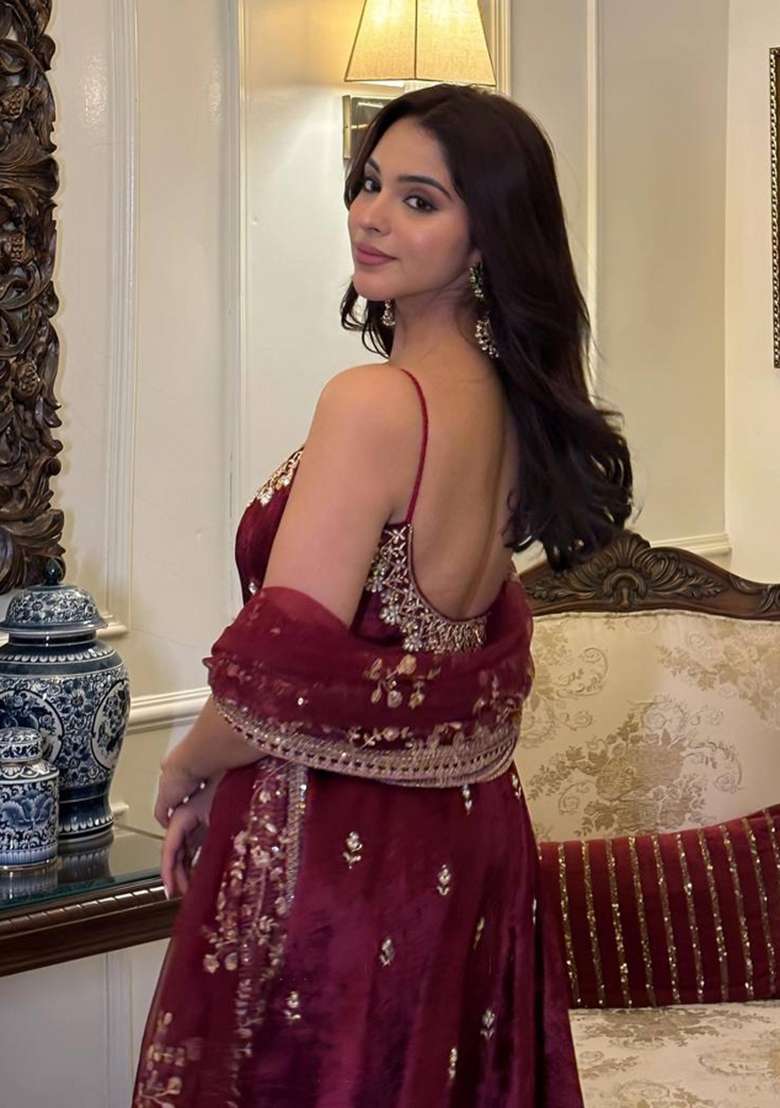 Maroon Sequin Work Silk Kurta Set - Indya