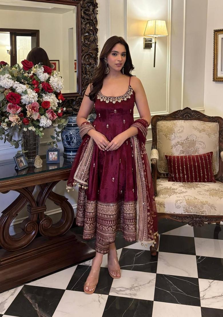 Maroon Sequin Work Silk Kurta Set - Indya