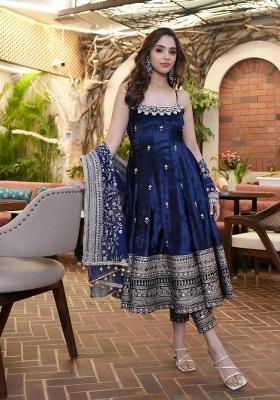Blue Sequin Work Silk Kurta Set