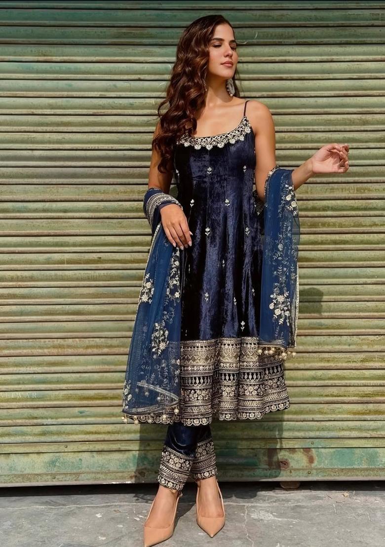 Blue Sequin Work Silk Kurta Set - Indya