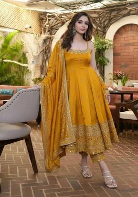 Yellow Sequin Work Silk Kurta Set