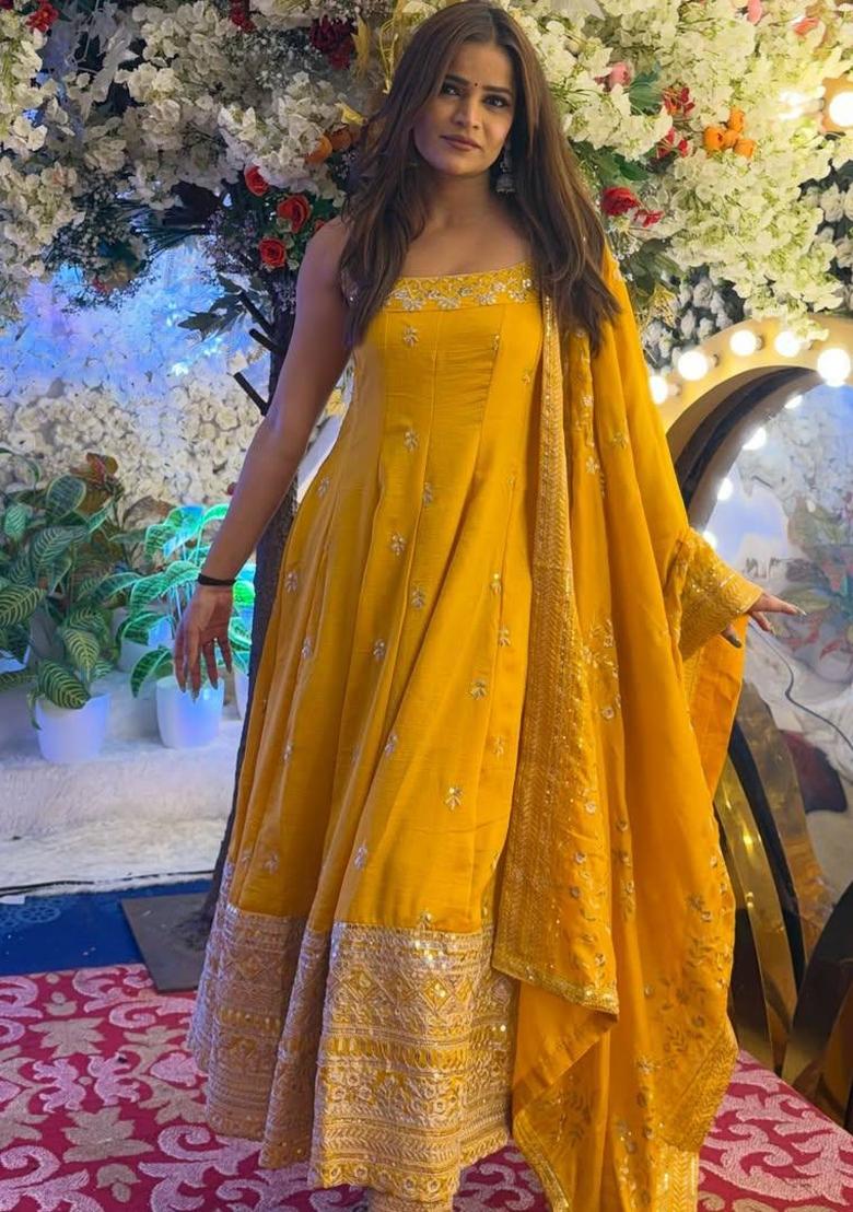 Yellow Sequin Work Silk Kurta Set - Indya