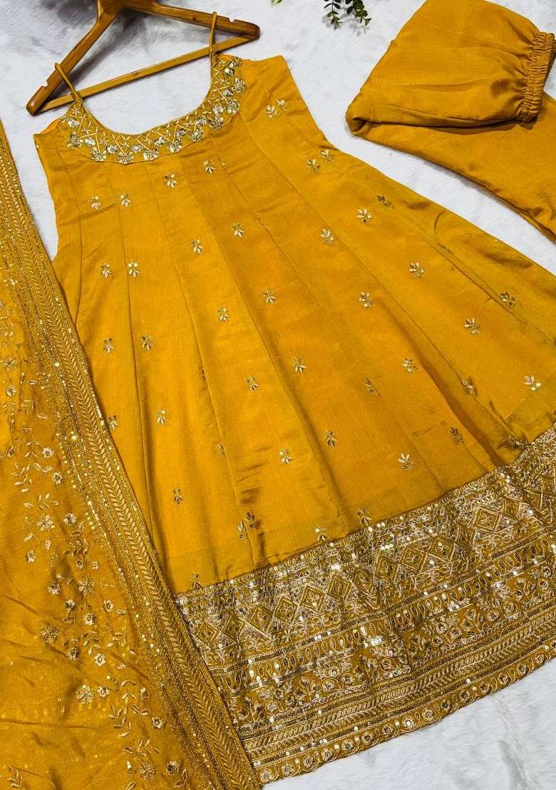 Yellow Sequin Work Silk Kurta Set - Indya