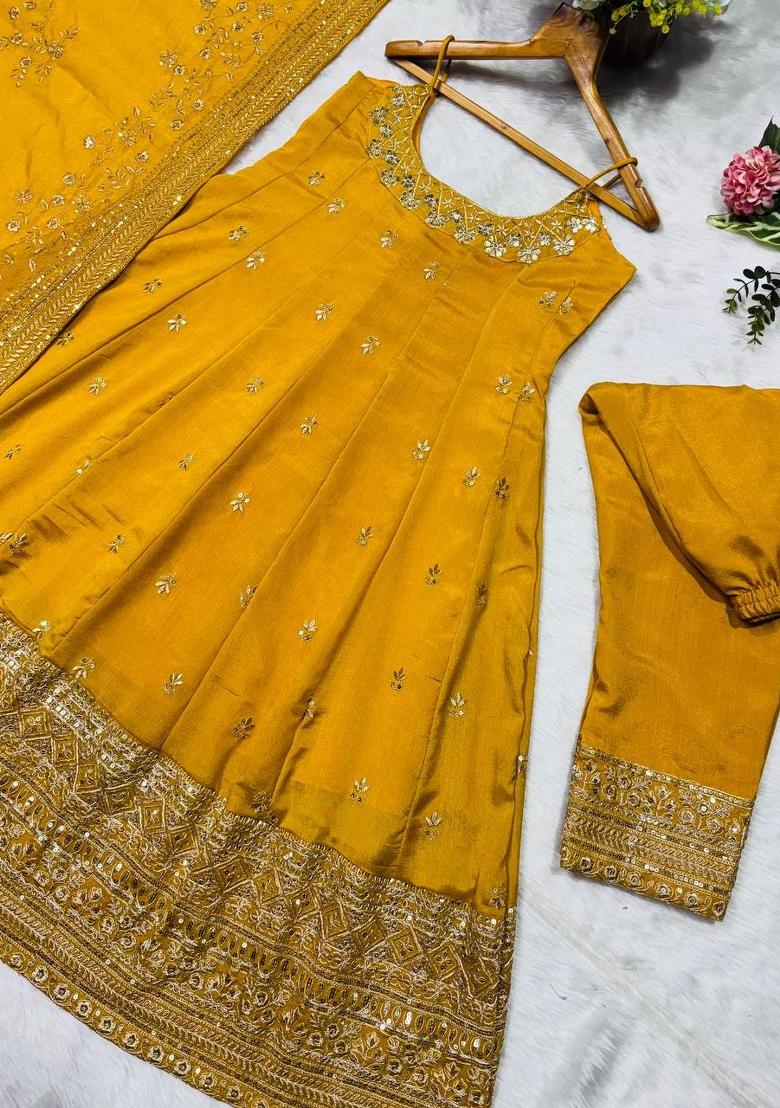 Yellow Sequin Work Silk Kurta Set - Indya