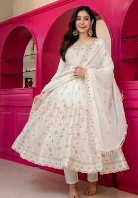 White Sequin Work Silk Kurta Set