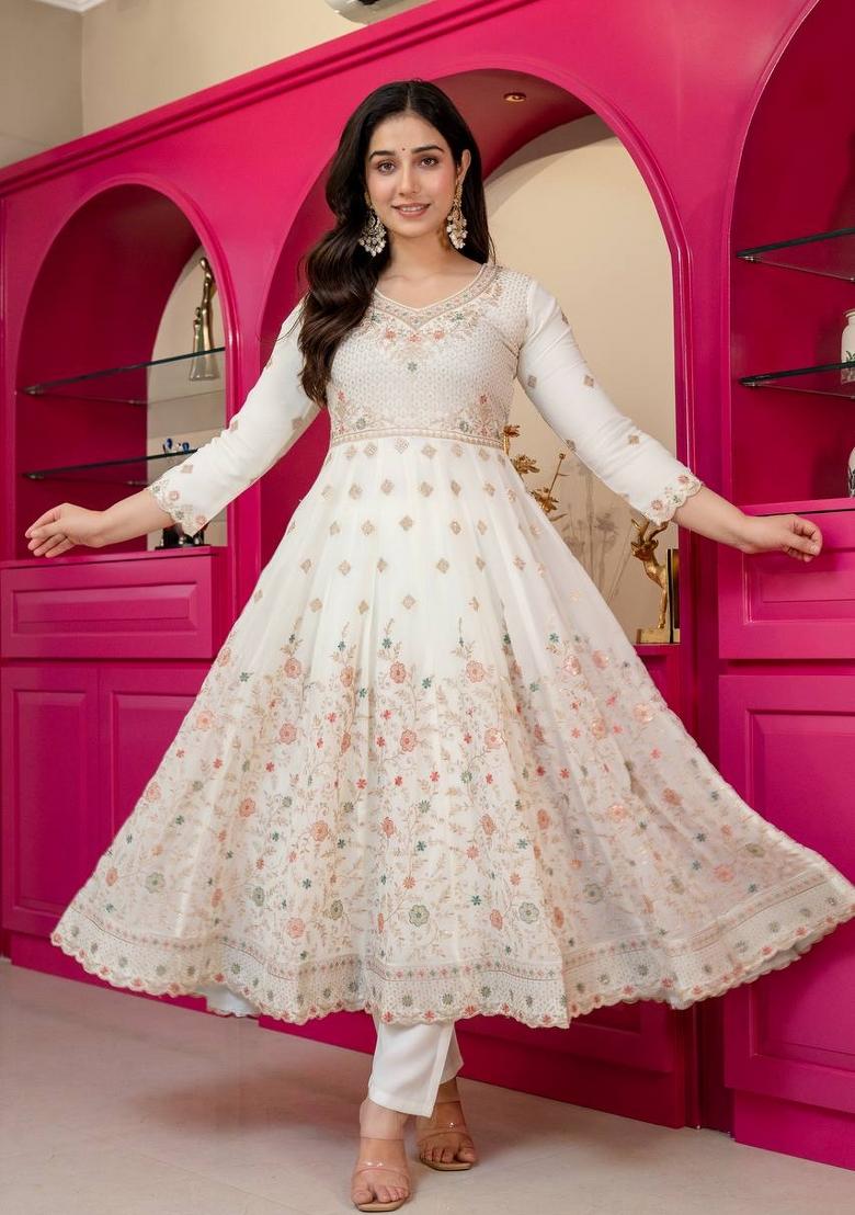 White Sequin Work Silk Kurta Set - Indya