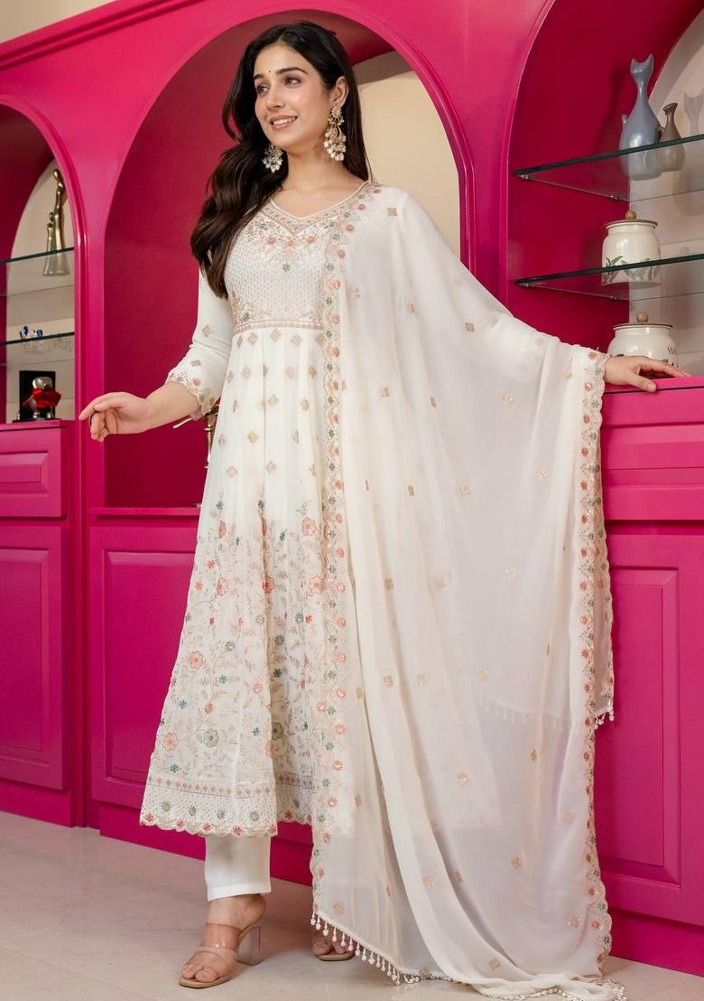 White Sequin Work Silk Kurta Set - Indya