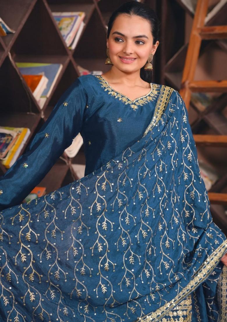 Navy Blue Sequin Work Chiffon Kurta Set - Indya